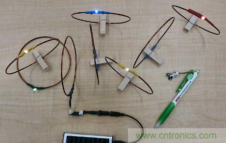 用來驗證&ldquo;直流共振方式&rdquo;的試制系統。在線圈間傳輸電力，點亮LED