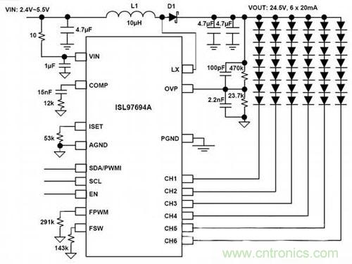圖題:可利用單單元鋰離子電池驅(qū)動(dòng)的背光燈用LED驅(qū)動(dòng)IC