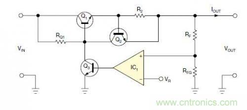 圖1：一個標準的線性穩壓器直接將反饋連接到串聯導通晶體管上。