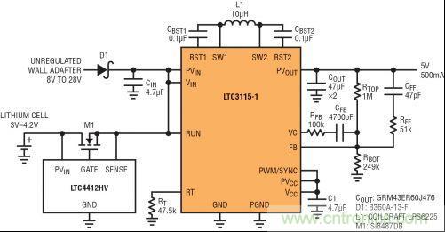 圖7:LTC3115-1與LTC4412HV相結(jié)合,以獲得由單節(jié)鋰離子電池和未穩(wěn)壓交流適配器提供的雙輸入5V電源