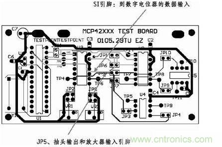 這是對圖2所示電路的第一次布線嘗試。此配置在模擬線路上產生不規律的噪聲,這是因為在特定數字走線上的數據輸入碼隨著數字電位器的編程需求而改變。