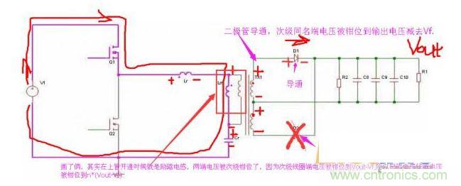 上管開通，注意諧振電感、勵磁電感、諧振電容的正負
