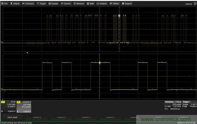 使用CustomDSO運行VB腳本“zoom_Track.lss”。當腳本運行時,縮放波形的中心將跟蹤水平的光標絕對位置。從圖中可以看出,光標將永遠位于縮放波形Z1的中心