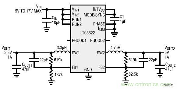 17V輸入、雙路1A輸出的同步降壓型穩壓器