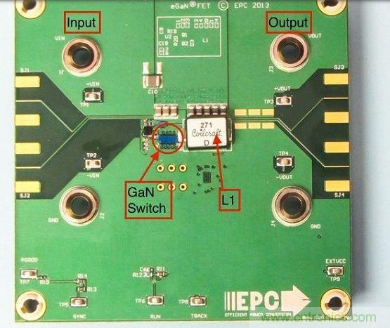 演示板用于顯示GaN的EMI。該GaN組件被圈定，我會在L1左側測量切換的波形。