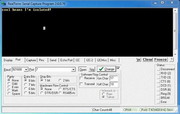  圖6：隔離型USB-to-UART轉換器的環回測試。