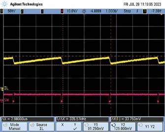  圖9.負(fù)載調(diào)整和折返頻率。隨著負(fù)載增大，頻率會(huì)折返以維持穩(wěn)定的輸出電壓。  在圖9中可以看到，隨著負(fù)載增加，器件頻率會(huì)折返以保持恒定的輸出電壓。器件在DCM下運(yùn)行至約0.28 A，這就是頻率下降到約495 kHz然后又回升至657 kHz的原因。以657 kHz的頻率運(yùn)行時(shí)，器件可以保持正常操作，直至負(fù)載達(dá)到0.7 A。此時(shí)頻率降低以保持適當(dāng)?shù)妮敵鲭妷海敝霖?fù)載達(dá)到1.4 A左右。發(fā)生這種情況時(shí)，器件無法在保持輸出電壓的同時(shí)將頻率降低到100 kHz以下（該器件指定的最低反饋頻率），因此輸出電壓開始下降。  這個(gè)問題的解決辦法不像違反最小導(dǎo)通時(shí)間規(guī)范那么簡單。設(shè)計(jì)人員通常需要滿足特定的輸入電壓和輸出電壓要求，因此無法隨意更改占空比來延長關(guān)斷時(shí)間。如果設(shè)計(jì)人員可以提供更大的輸入電壓，則器件將以設(shè)定的頻率工作，因?yàn)檩^小占空比會(huì)防止器件違反最小關(guān)斷時(shí)間規(guī)范。這一點(diǎn)可以從圖10中看出，其中器件以設(shè)定的2 MHz頻率運(yùn)行。